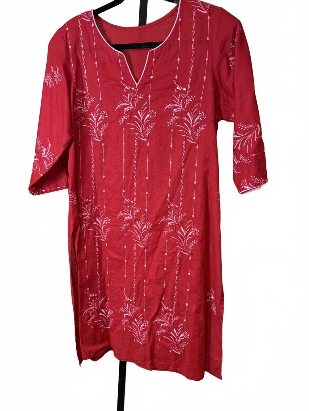 Red Embroidered Kurta with White Floral Design